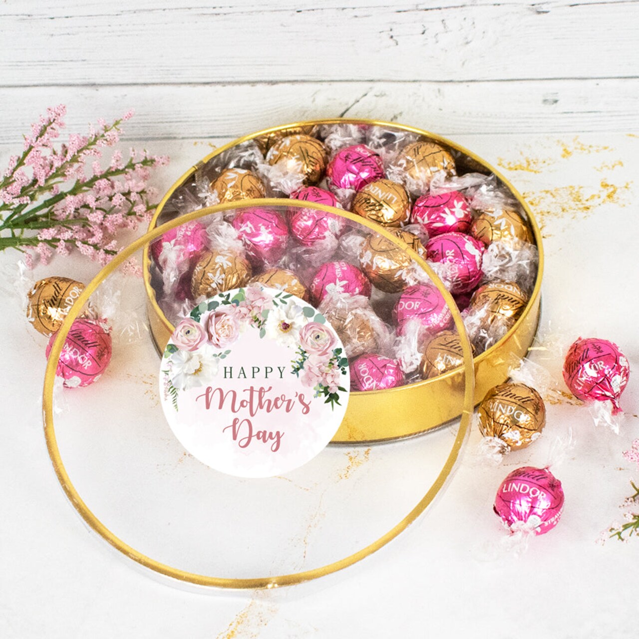 Mother's Day Candy Gift Tin with Chocolate Lindor Truffles by Lindt Large Plastic Tin with Sticker - Flowers - By Just Candy
